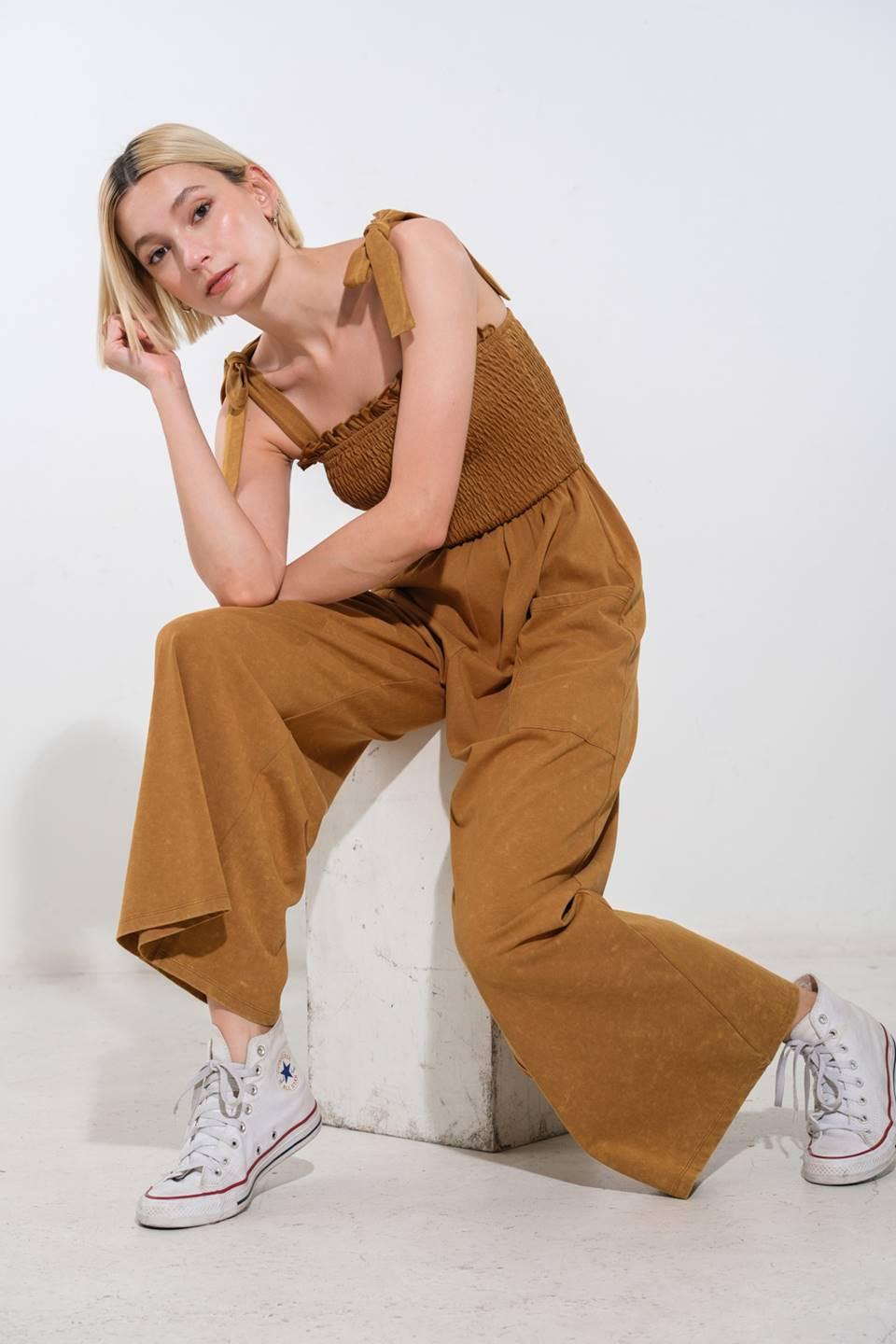 Trending Moment Knit Jumpsuit in camel, view 5 — Soul Flow Apparel