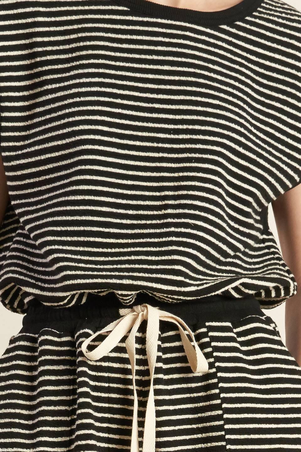 Sunset Cove Strip Romper in black cream, fabric swatch — Soul Flow Apparel