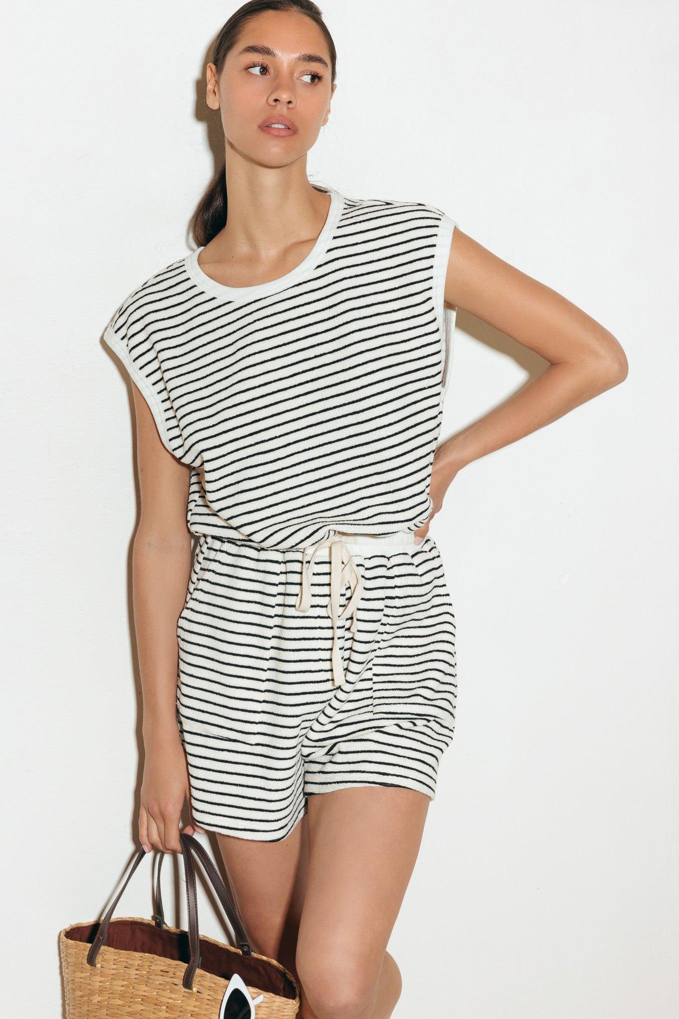Sunset Cove Strip Romper in cream black, view 5 — Soul Flow Apparel