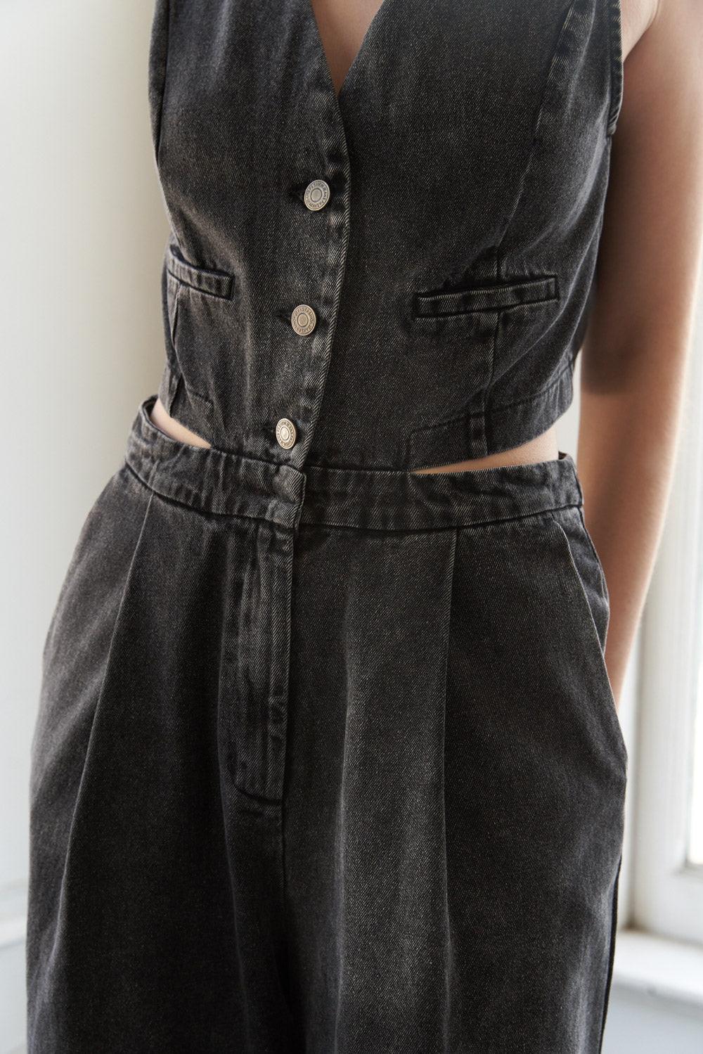 Rain Or Shine Denim Jumpsuit in black, view 4 — Soul Flow Apparel