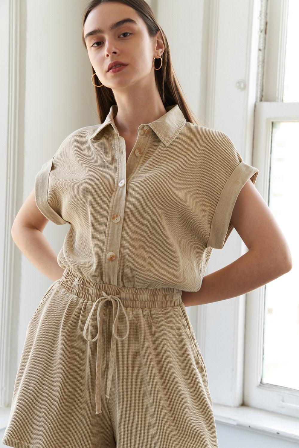 Wildflower Whimsy Knit Romper in khaki, view 4 — Soul Flow Apparel