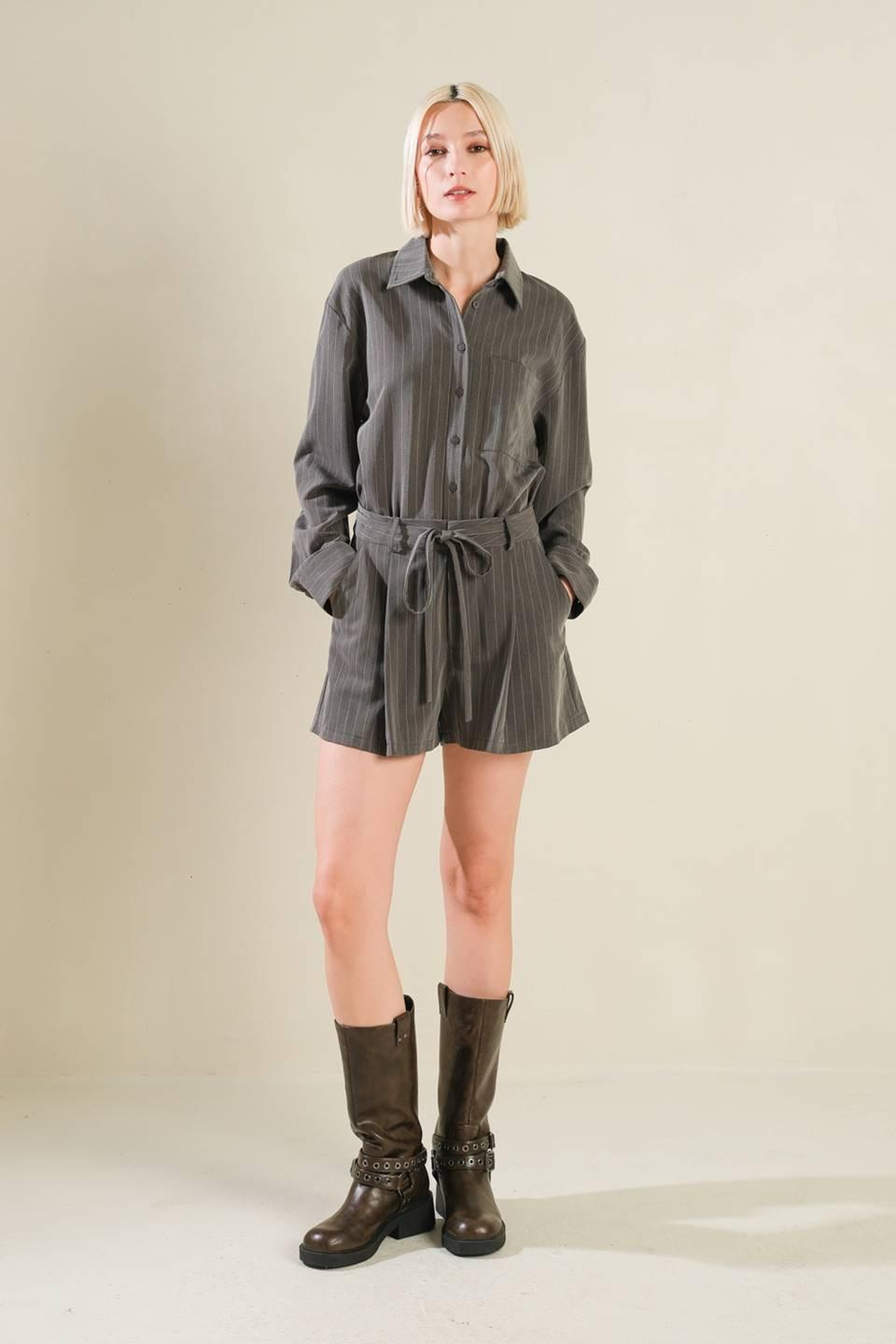 Am I Okay with Woven Romper in charcoal, view 1 — Soul Flow Apparel