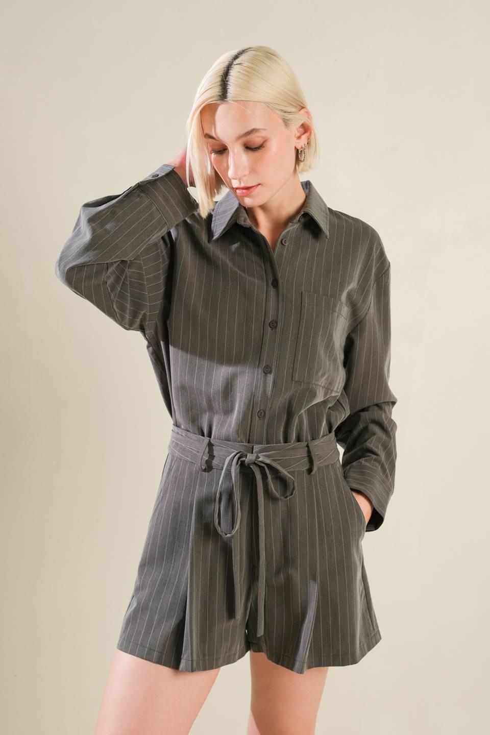 Am I Okay with Woven Romper in charcoal, view 3 — Soul Flow Apparel