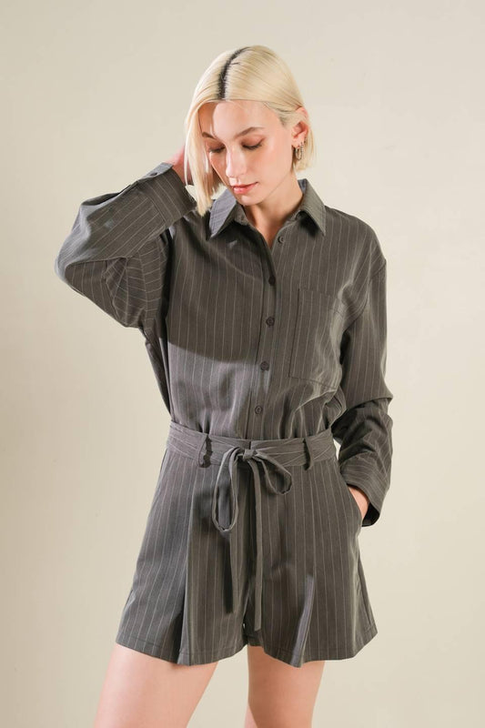 Am I Okay with Woven Romper in charcoal, view 3 — Soul Flow Apparel