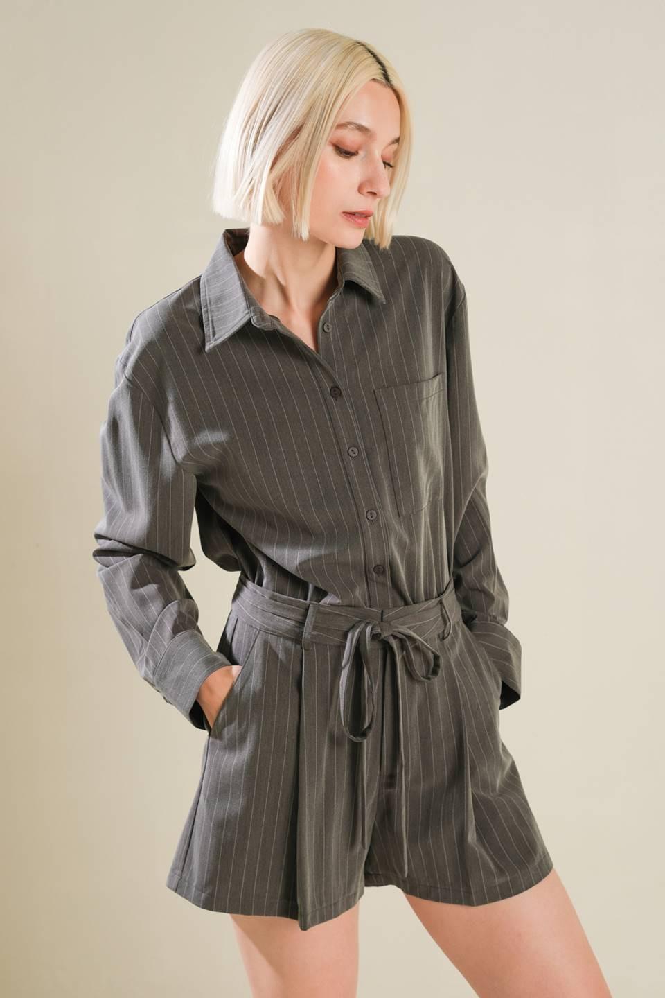 Am I Okay with Woven Romper in charcoal, view 4 — Soul Flow Apparel