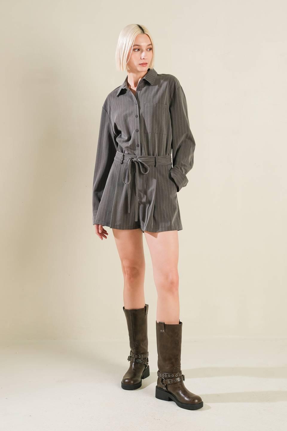 Am I Okay with Woven Romper in charcoal, view 5 — Soul Flow Apparel