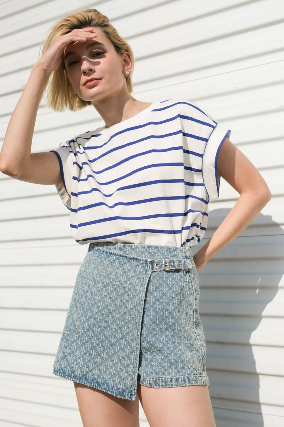 No One Prettier Denim Skort in light indigo, view 1 — Soul Flow Apparel