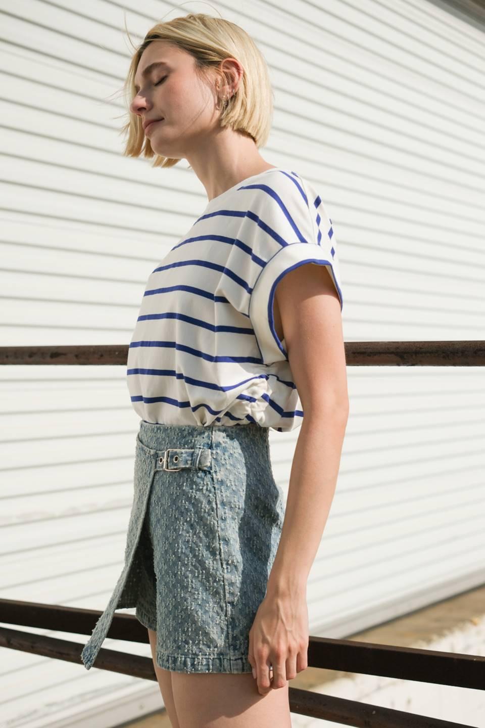 No One Prettier Denim Skort in light indigo, view 3 — Soul Flow Apparel