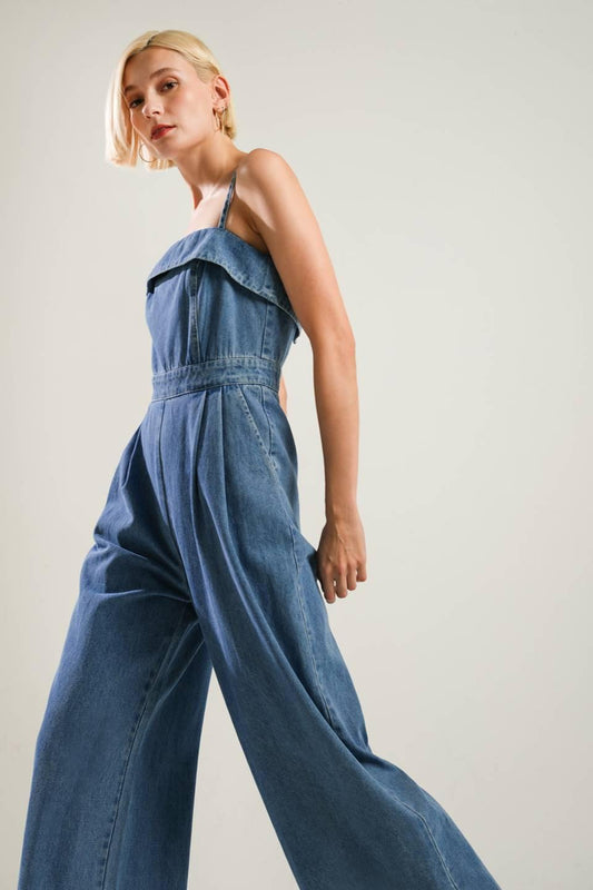 Urban Elegance Denim Jumpsuit in light indigo, view 4 — Soul Flow Apparel