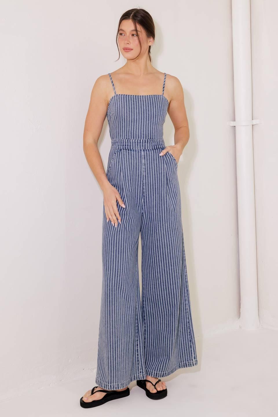 Begin Again Blue Denim Jumpsuit in white, view 1 — Soul Flow Apparel