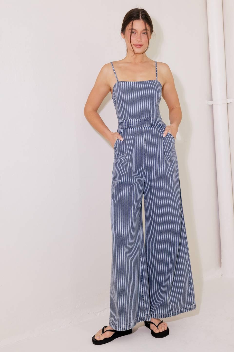 Begin Again Blue Denim Jumpsuit in white, view 2 — Soul Flow Apparel