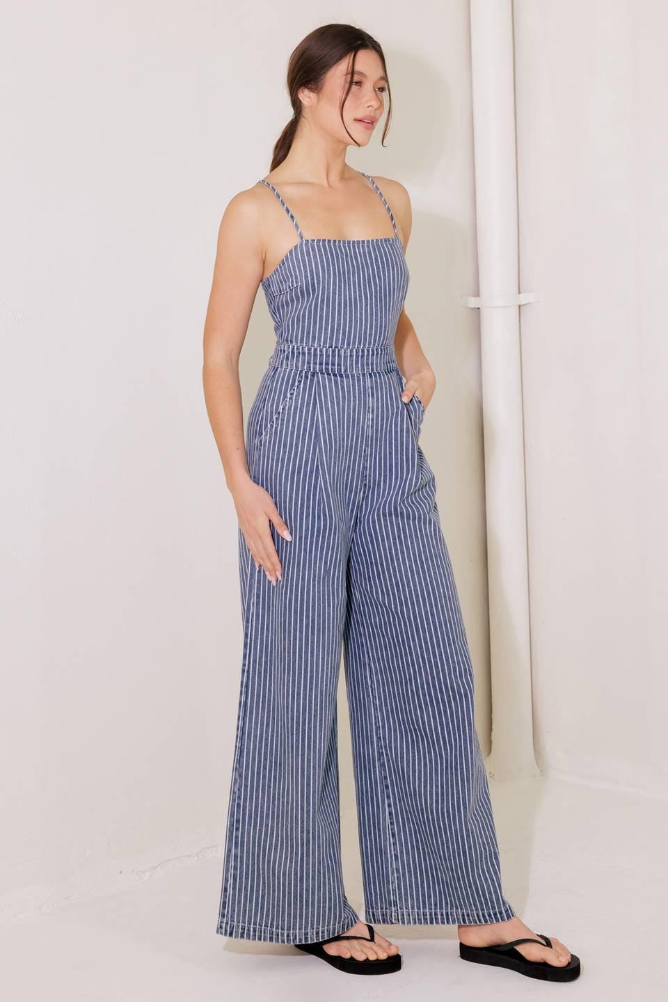 Begin Again Blue Denim Jumpsuit in white, view 4 — Soul Flow Apparel