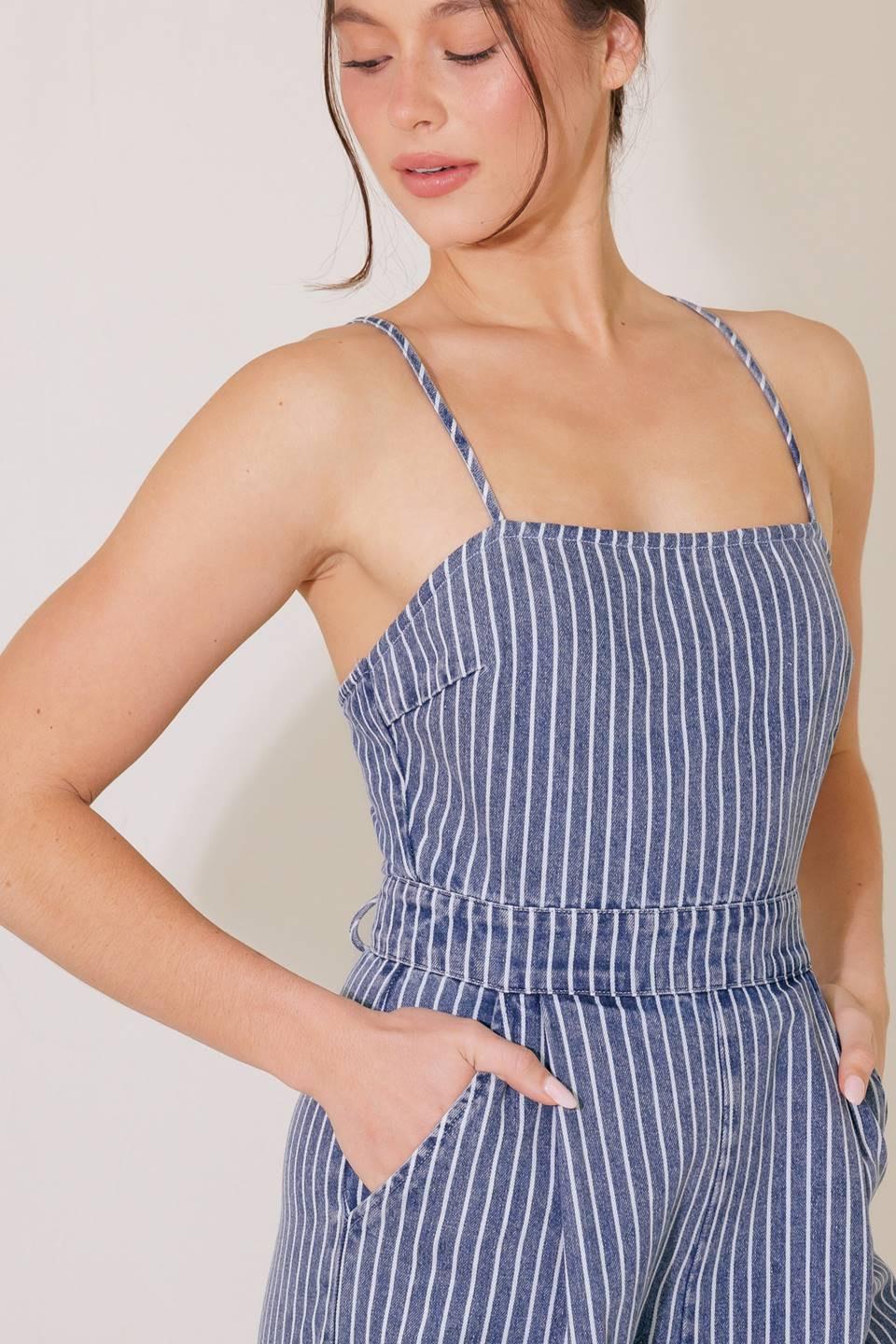 Begin Again Blue Denim Jumpsuit in white, view 5 — Soul Flow Apparel