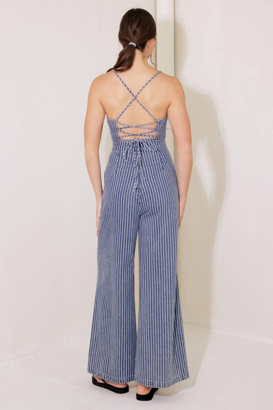 Begin Again Blue Denim Jumpsuit in white, view 6 — Soul Flow Apparel