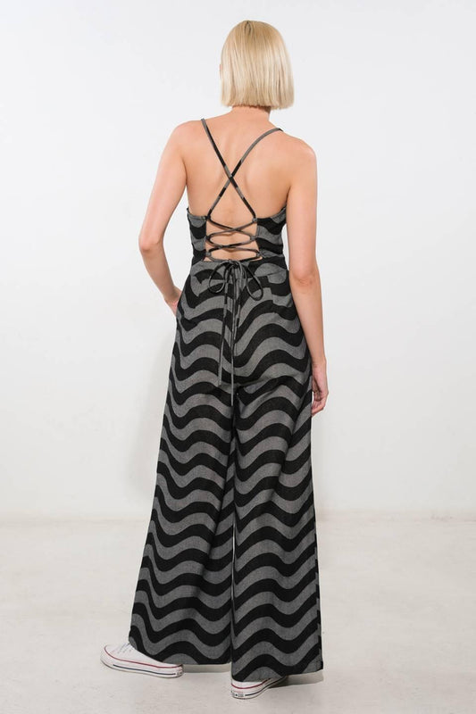 Let My Guard Down Denim Jumpsuit in black, view 2 — Soul Flow Apparel