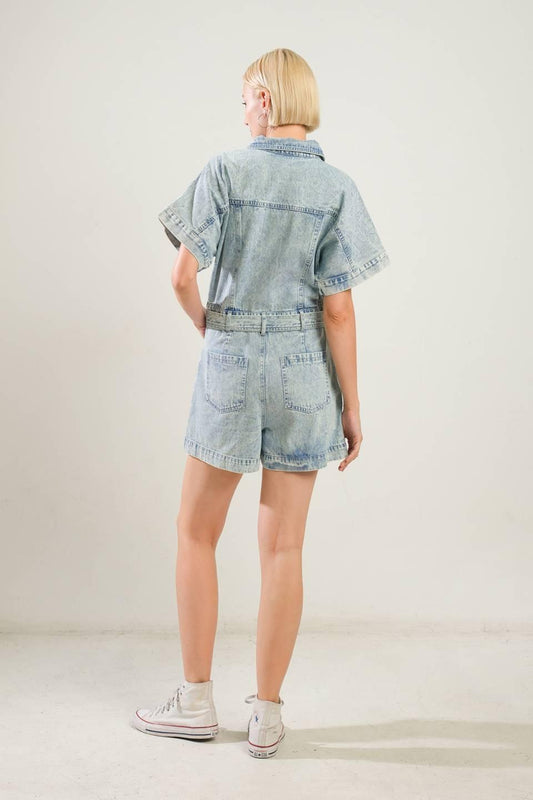 Countryside Charm Denim Romper in light indigo, view 2 — Soul Flow Apparel