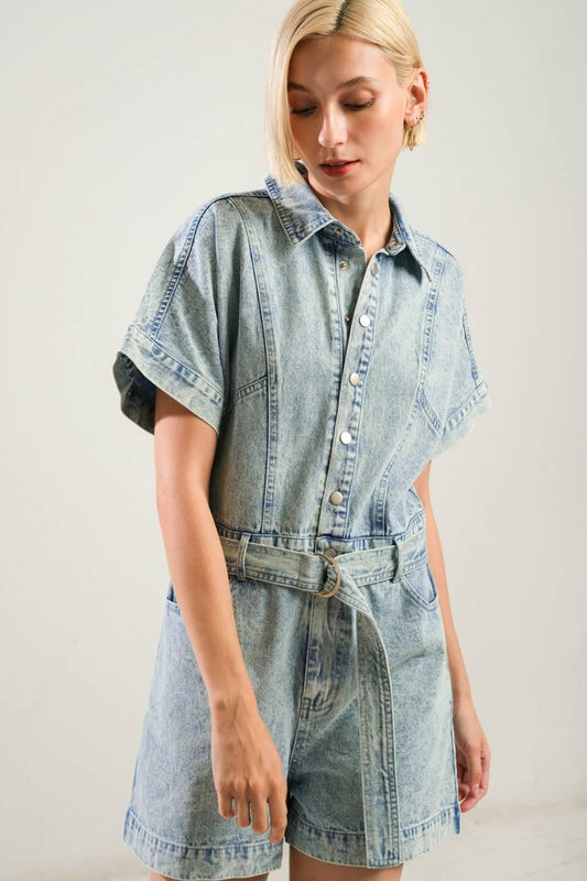 Countryside Charm Denim Romper in light indigo, view 4 — Soul Flow Apparel