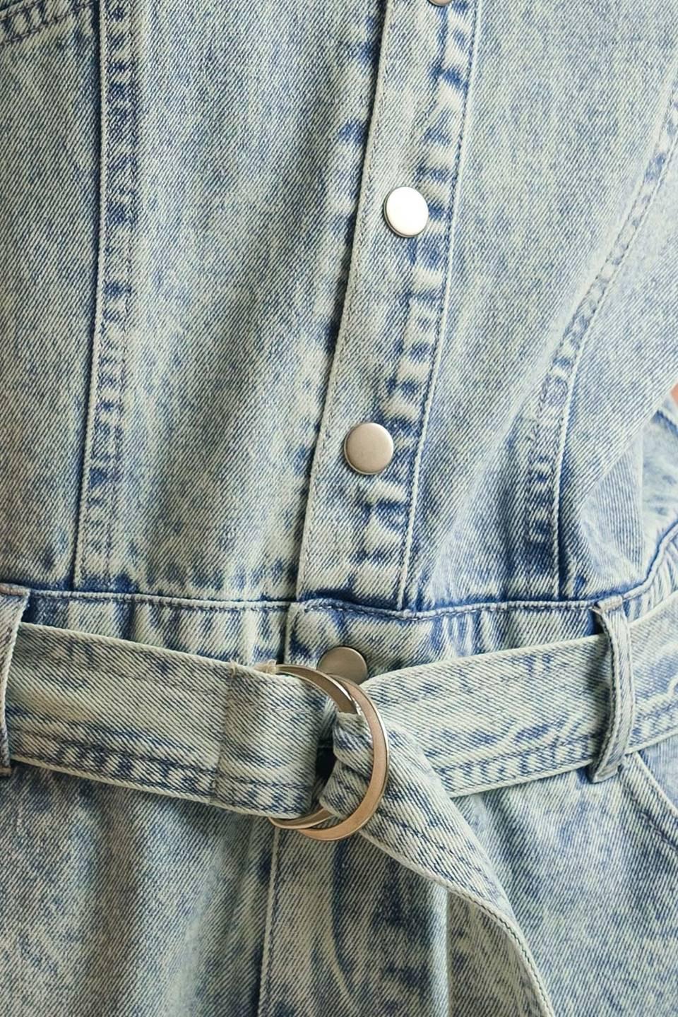 Countryside Charm Denim Romper in light indigo, fabric swatch — Soul Flow Apparel