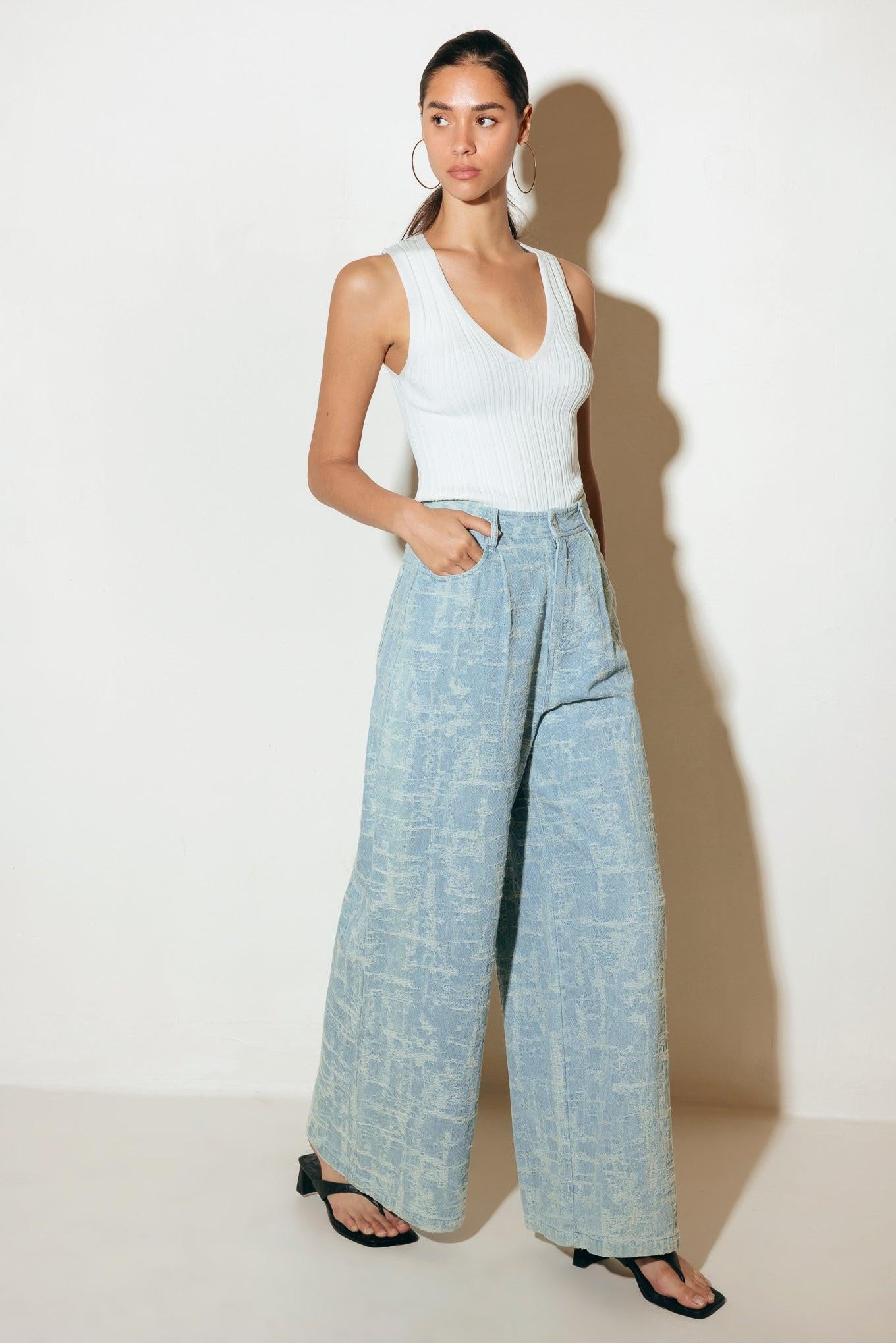 Airy Romance Wide Leg Denim Pants in light indigo, view 4 — Soul Flow Apparel