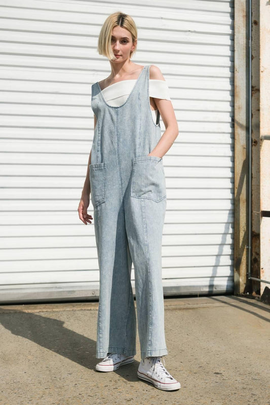 Journey of Love Denim Jumpsuit in light stripe acid, view 1 — Soul Flow Apparel