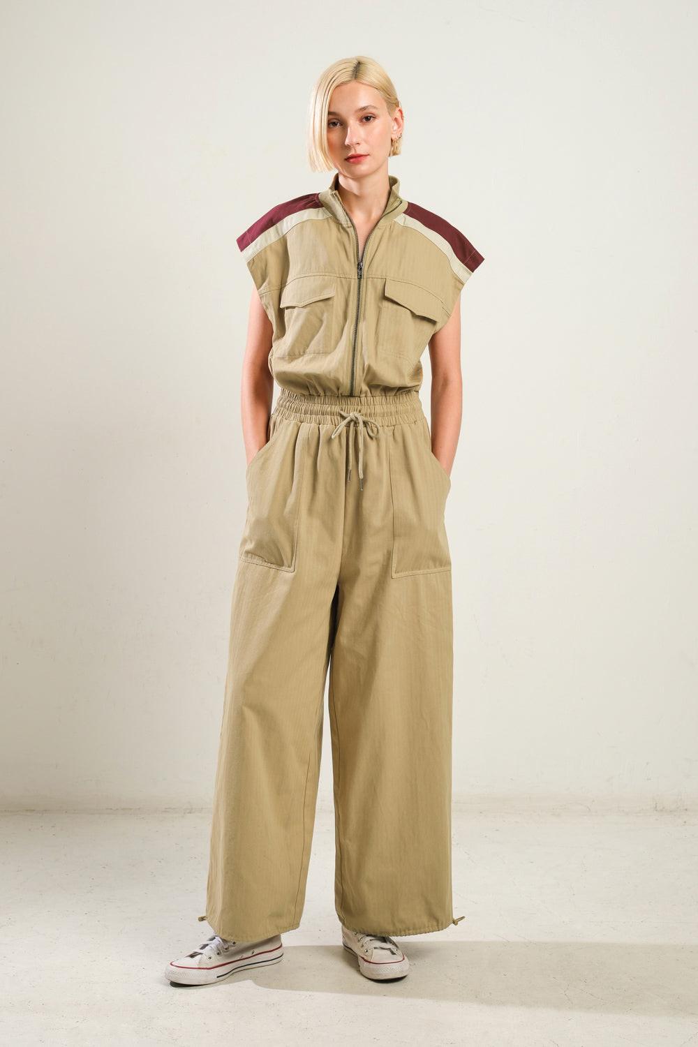 Wave of Elegance Woven Jumpsuit in camel, view 1 — Soul Flow Apparel