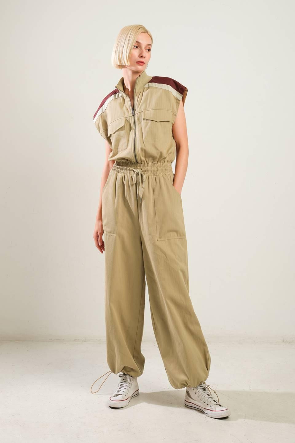 Wave of Elegance Woven Jumpsuit in camel, view 3 — Soul Flow Apparel