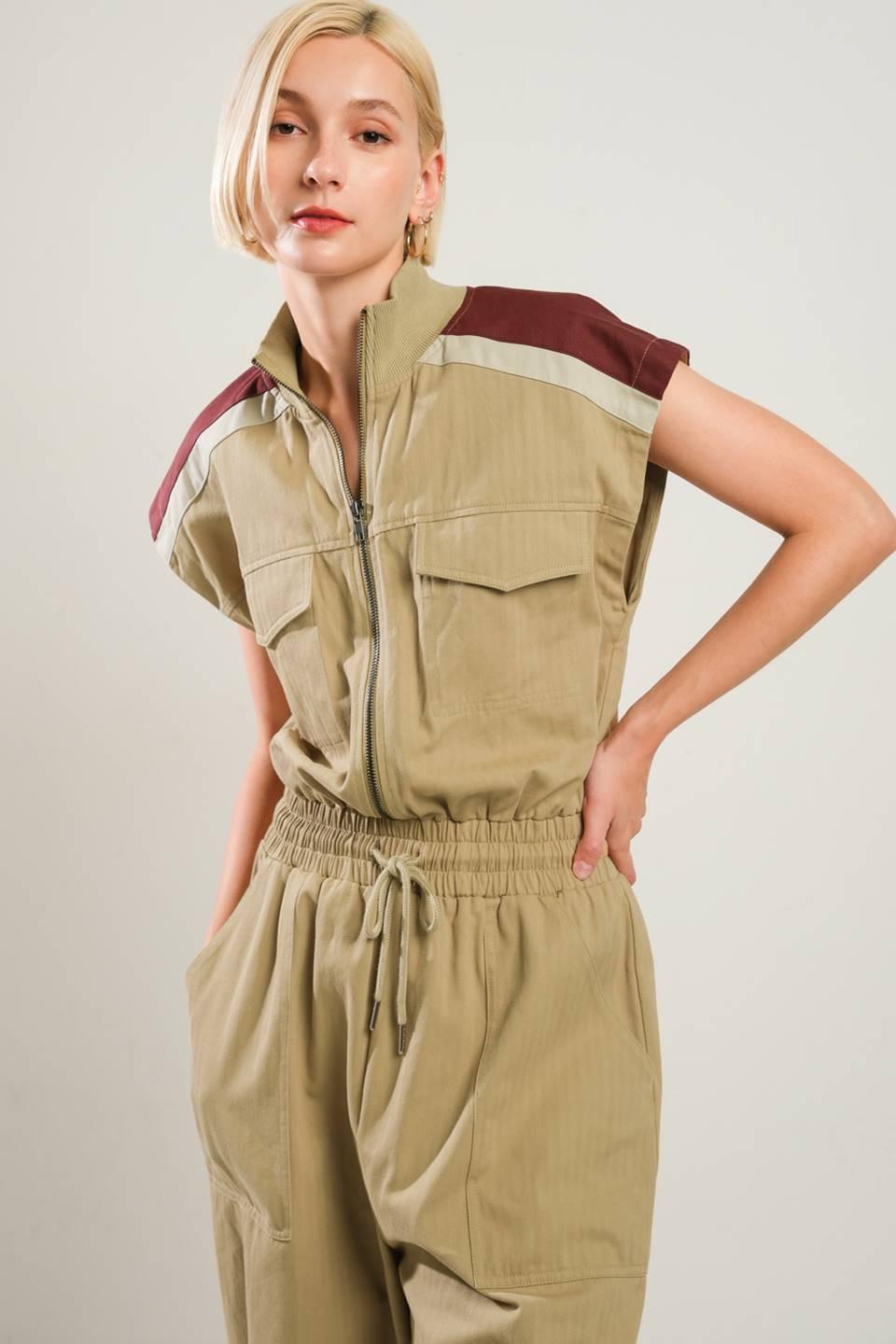Wave of Elegance Woven Jumpsuit in camel, view 4 — Soul Flow Apparel
