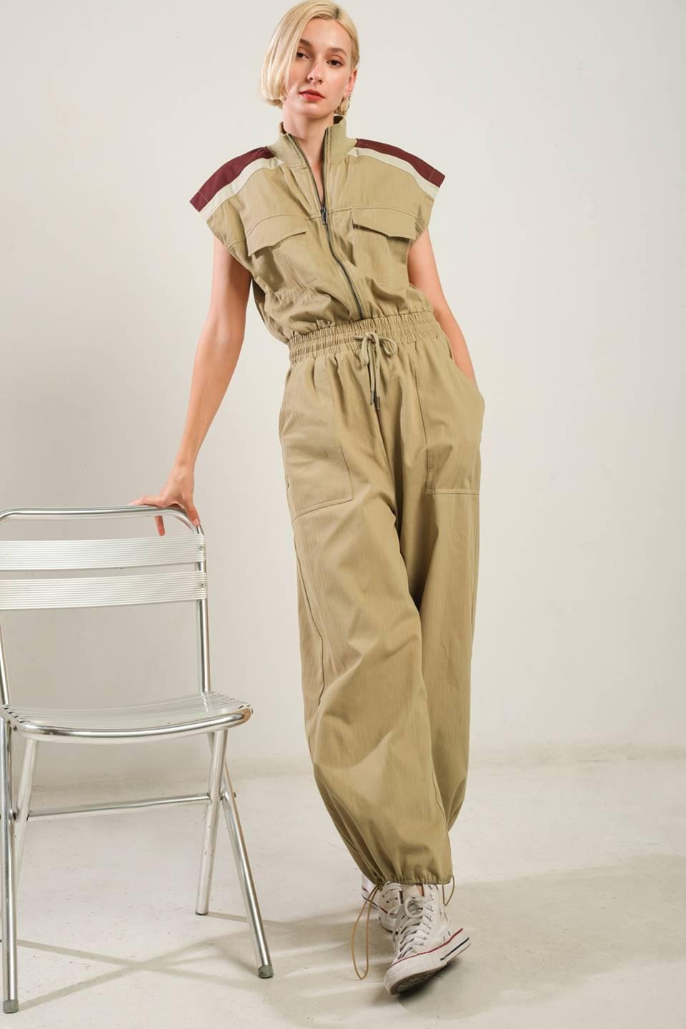 Wave of Elegance Woven Jumpsuit in camel, view 5 — Soul Flow Apparel