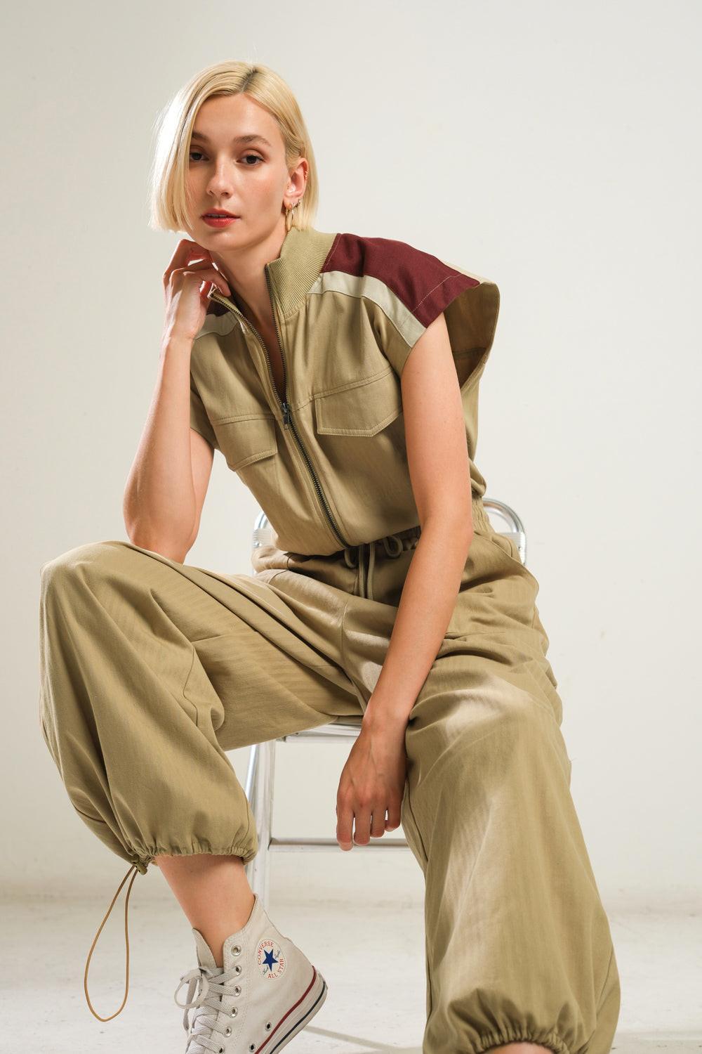 Wave of Elegance Woven Jumpsuit in camel, view 6 — Soul Flow Apparel