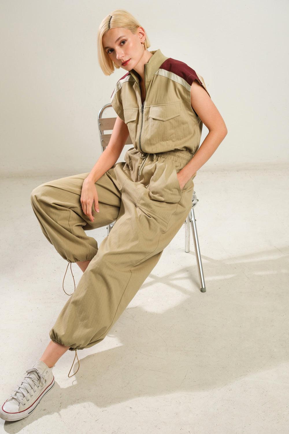 Wave of Elegance Woven Jumpsuit in camel, view 7 — Soul Flow Apparel