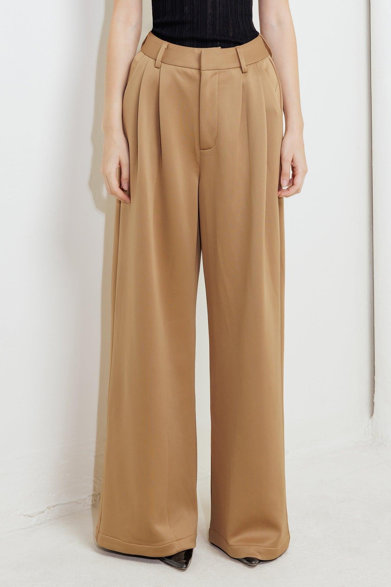 Romantic Petal Woven Pants in camel, view 1 — Soul Flow Apparel