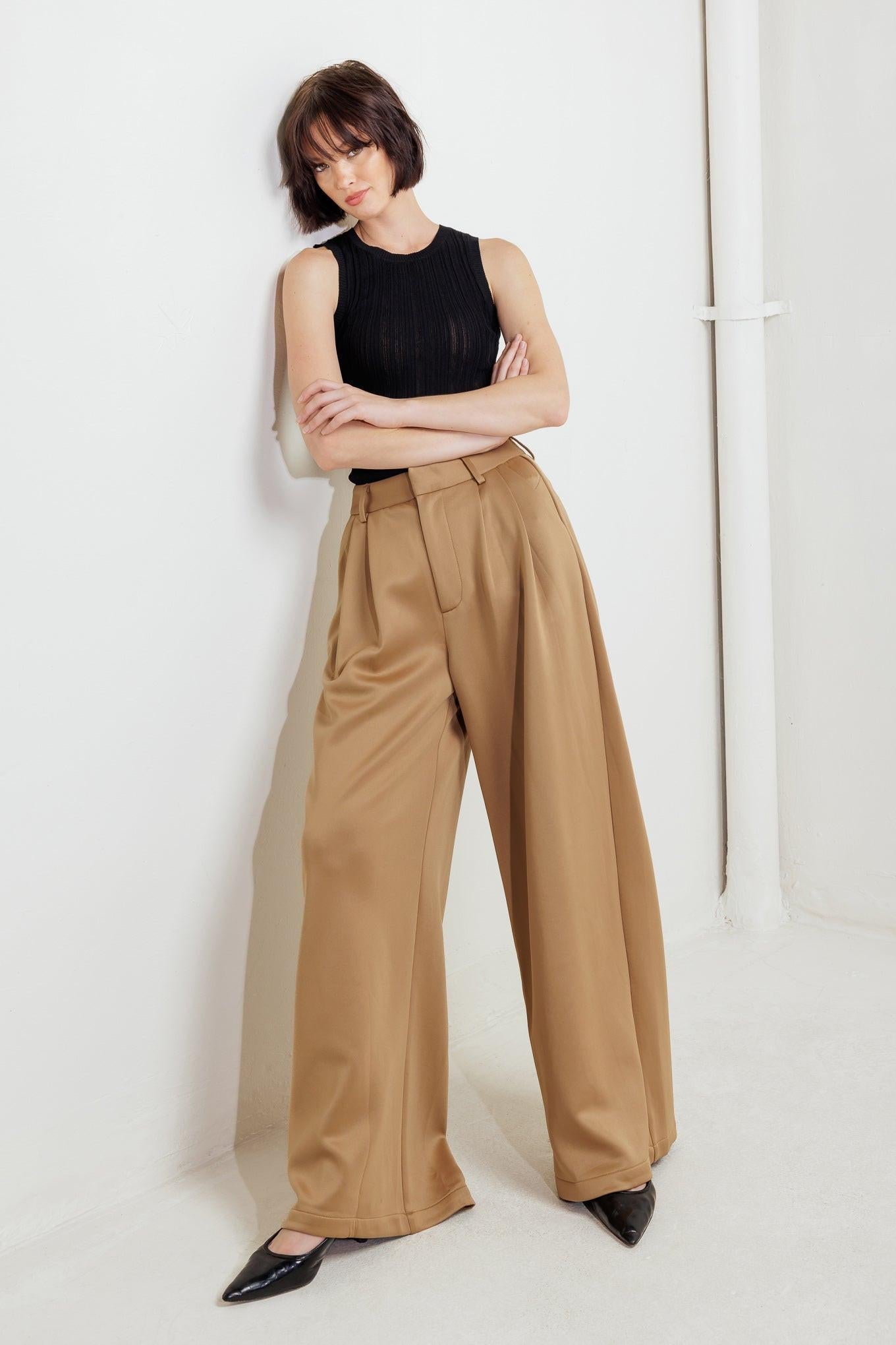 Romantic Petal Woven Pants in camel, view 2 — Soul Flow Apparel