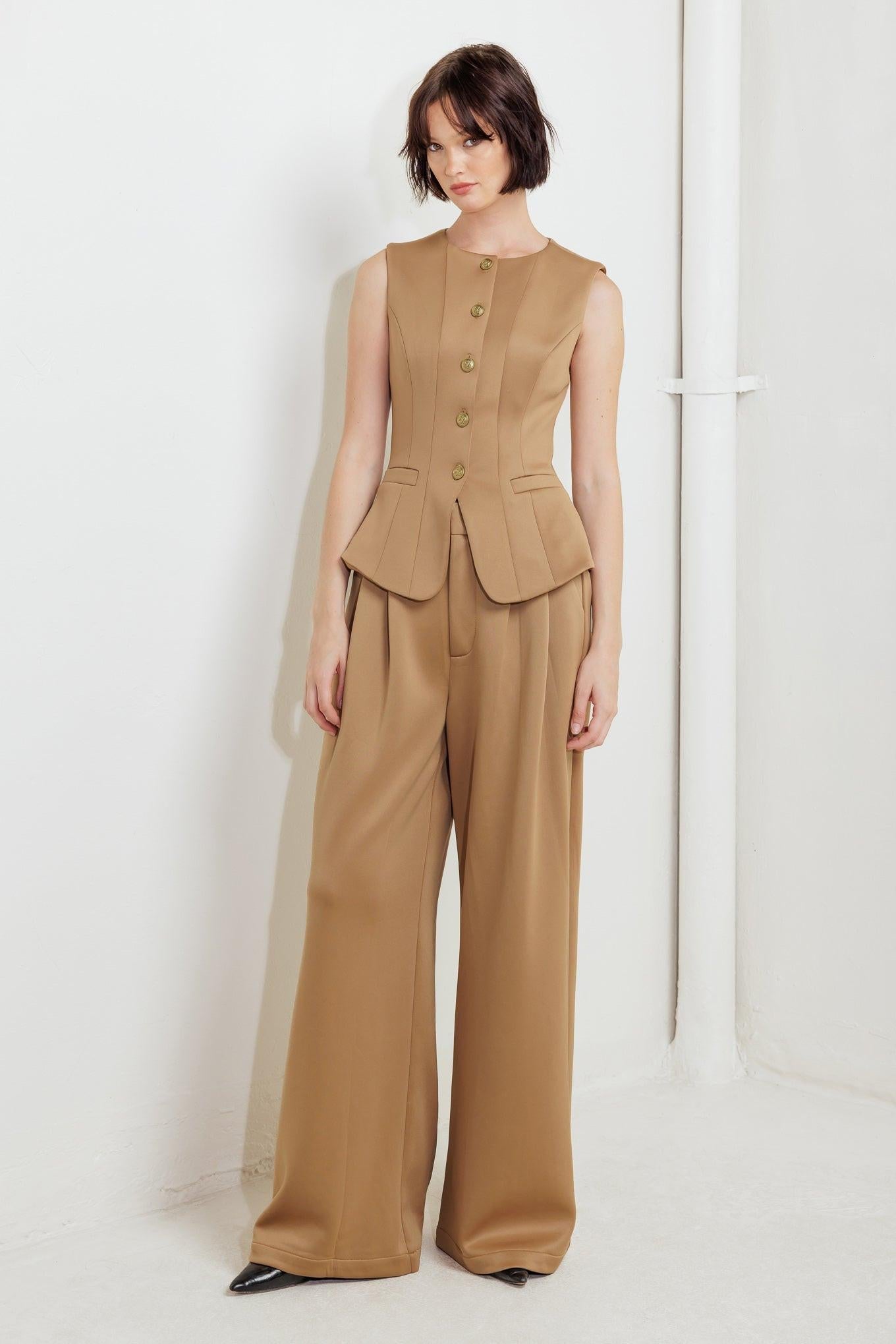Romantic Petal Woven Pants in camel, view 3 — Soul Flow Apparel