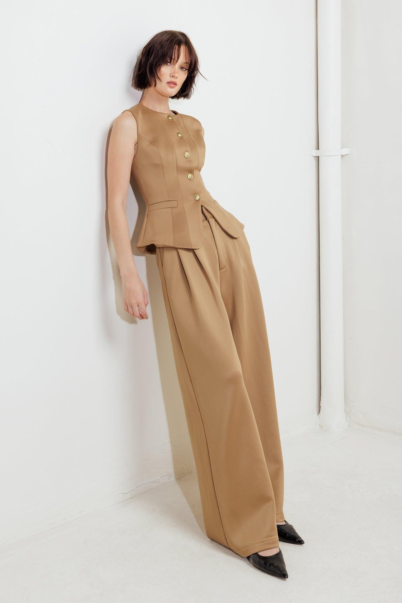 Romantic Petal Woven Pants in camel, view 5 — Soul Flow Apparel