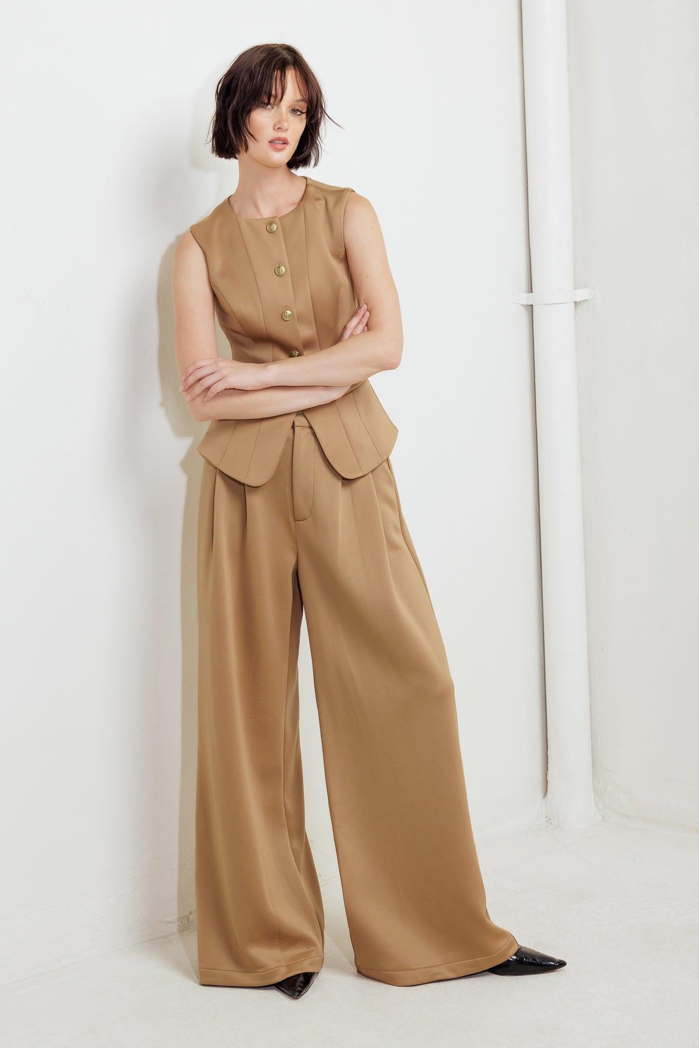Romantic Petal Woven Pants in camel, view 7 — Soul Flow Apparel