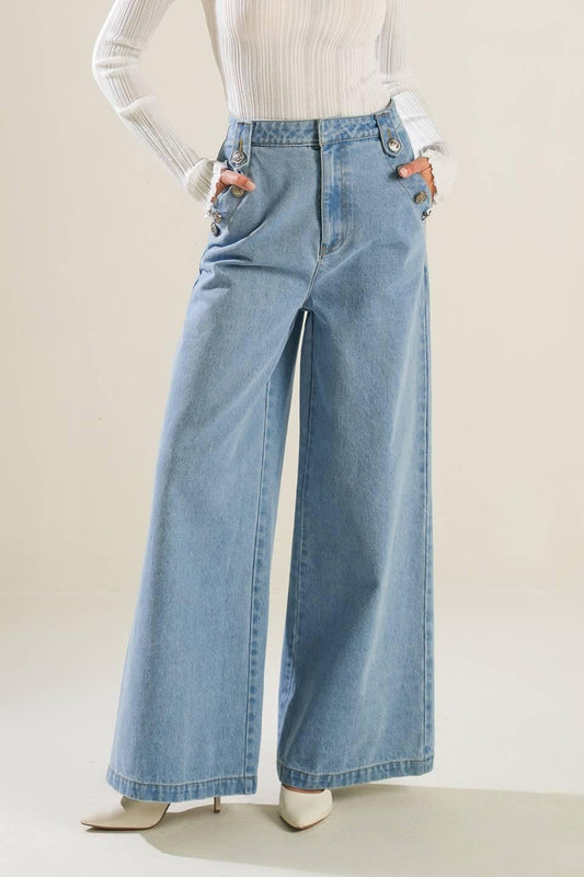 Adventure Awaits Denim Pants in blue, view 1 — Soul Flow Apparel