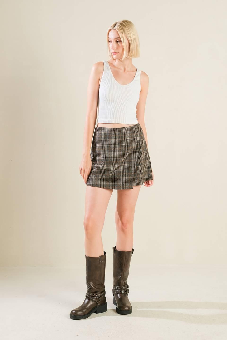 Eternal Devotion Plaid Skort in brown black, view 5 — Soul Flow Apparel