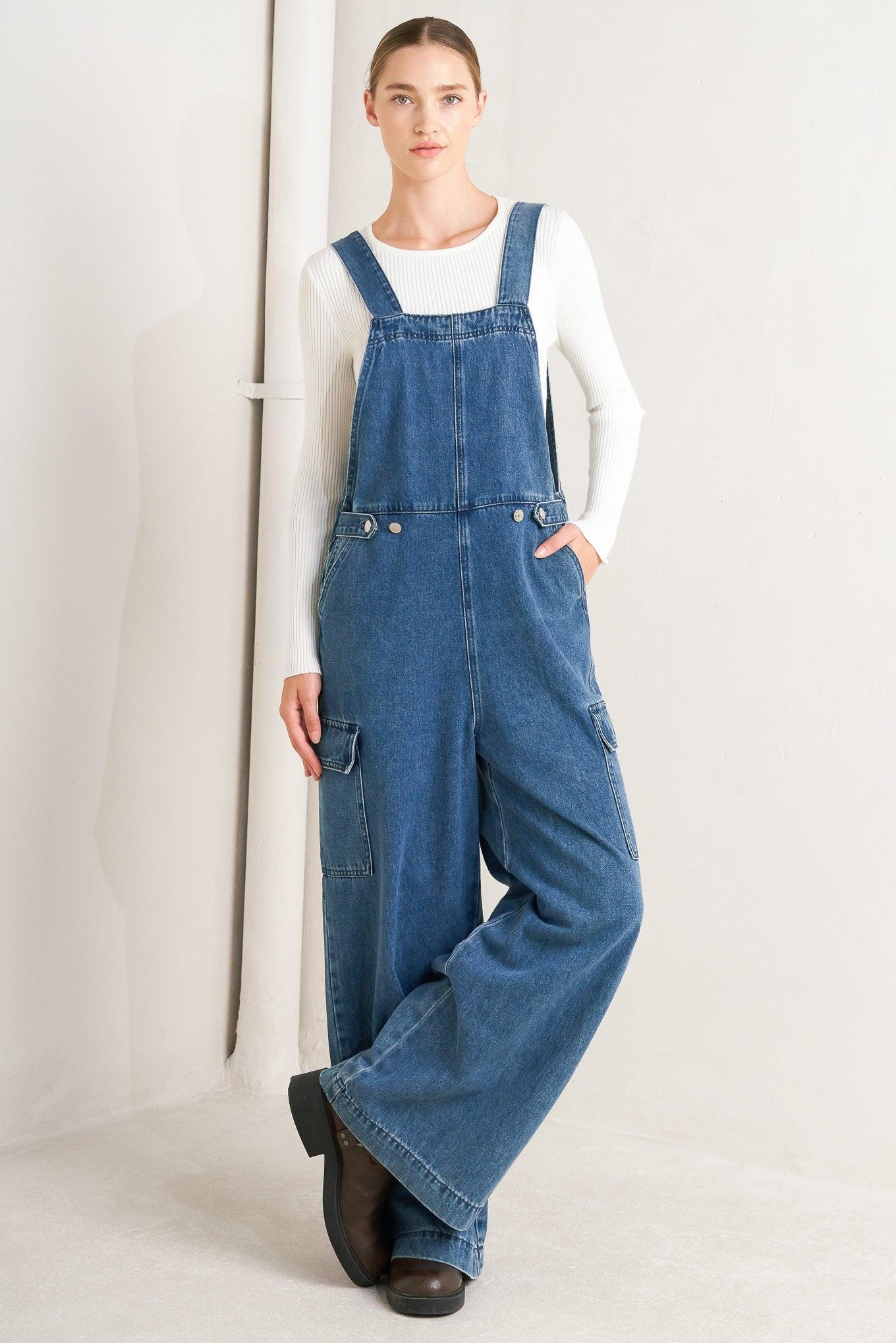 Let Me Talk Denim Cargo Pants in medium indigo, view 1 — Soul Flow Apparel