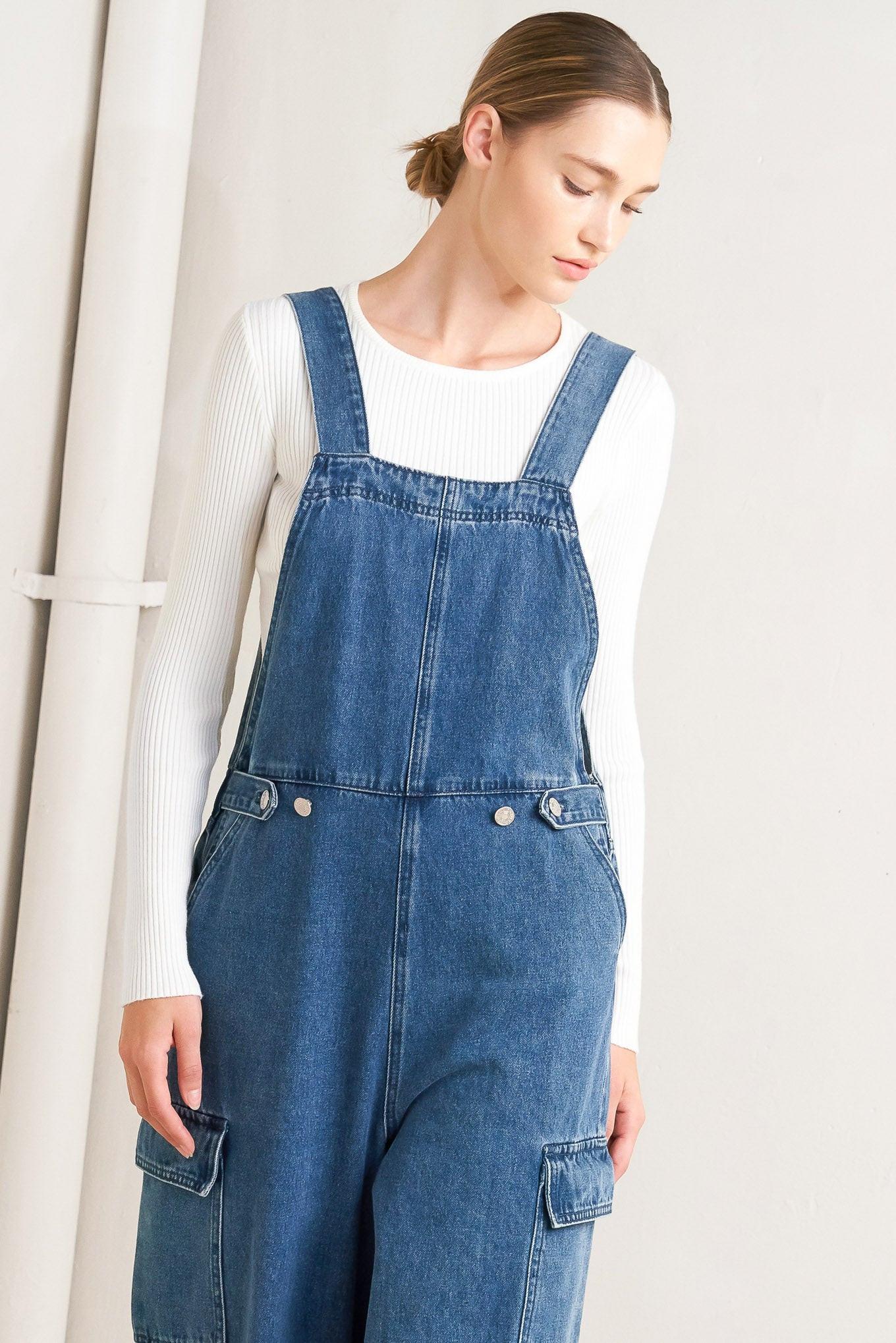Let Me Talk Denim Cargo Pants in medium indigo, view 3 — Soul Flow Apparel