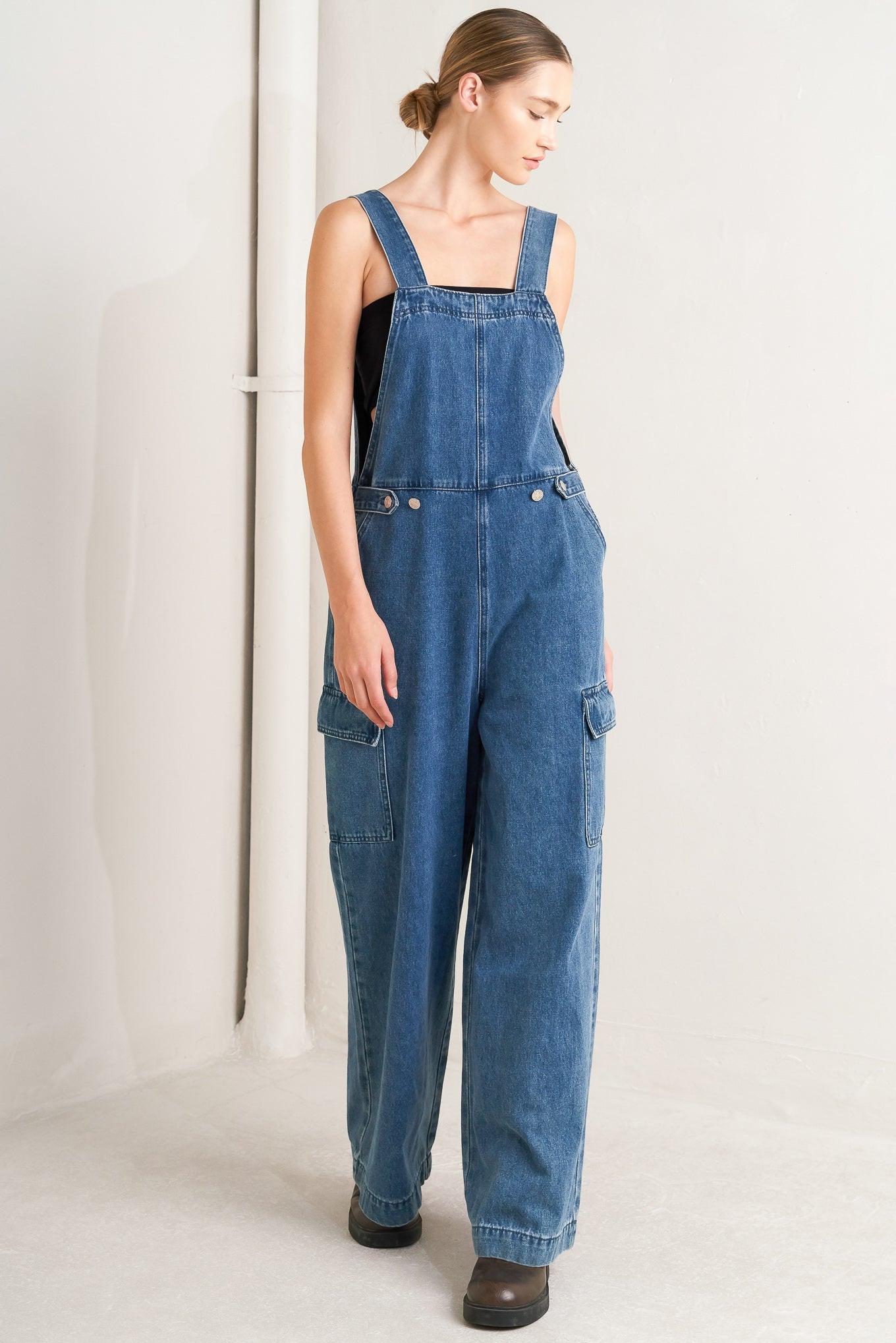 Let Me Talk Denim Cargo Pants in medium indigo, view 4 — Soul Flow Apparel