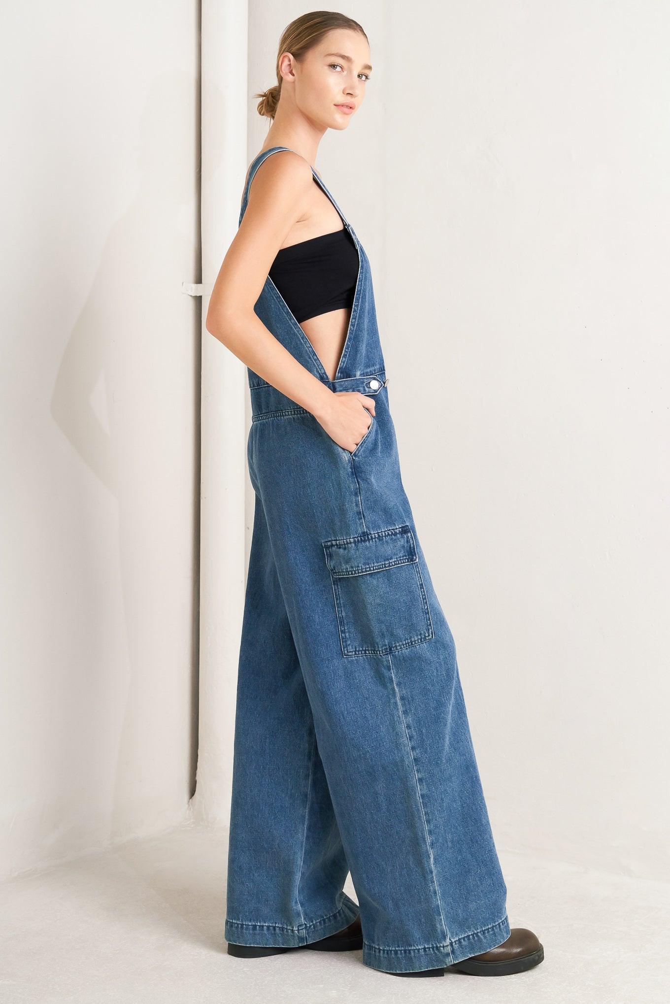 Let Me Talk Denim Cargo Pants in medium indigo, view 5 — Soul Flow Apparel