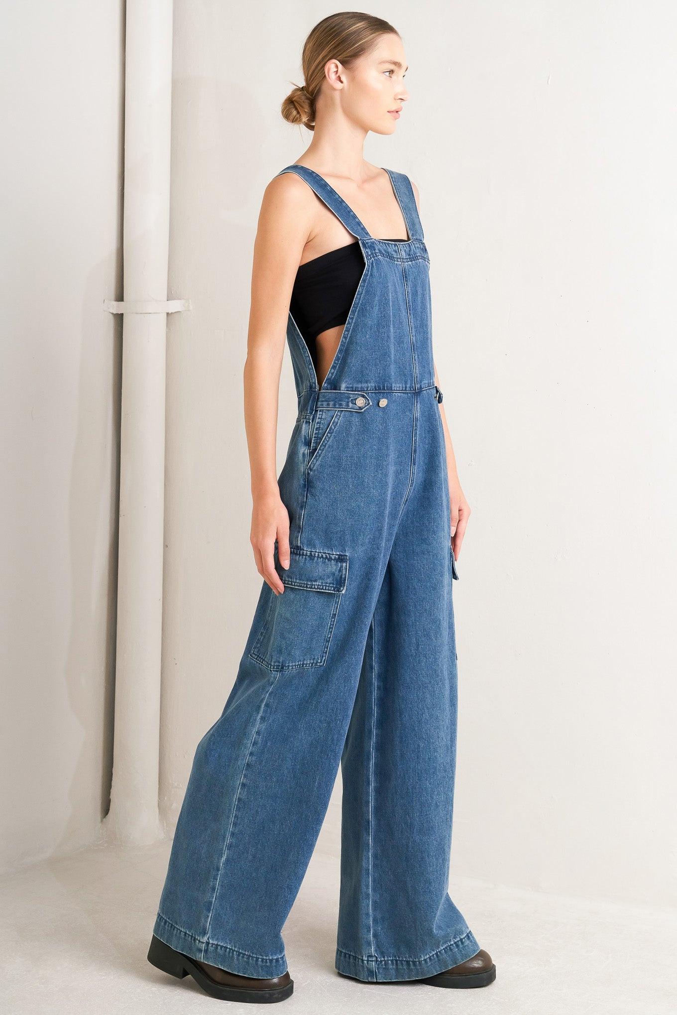 Let Me Talk Denim Cargo Pants in medium indigo, view 6 — Soul Flow Apparel