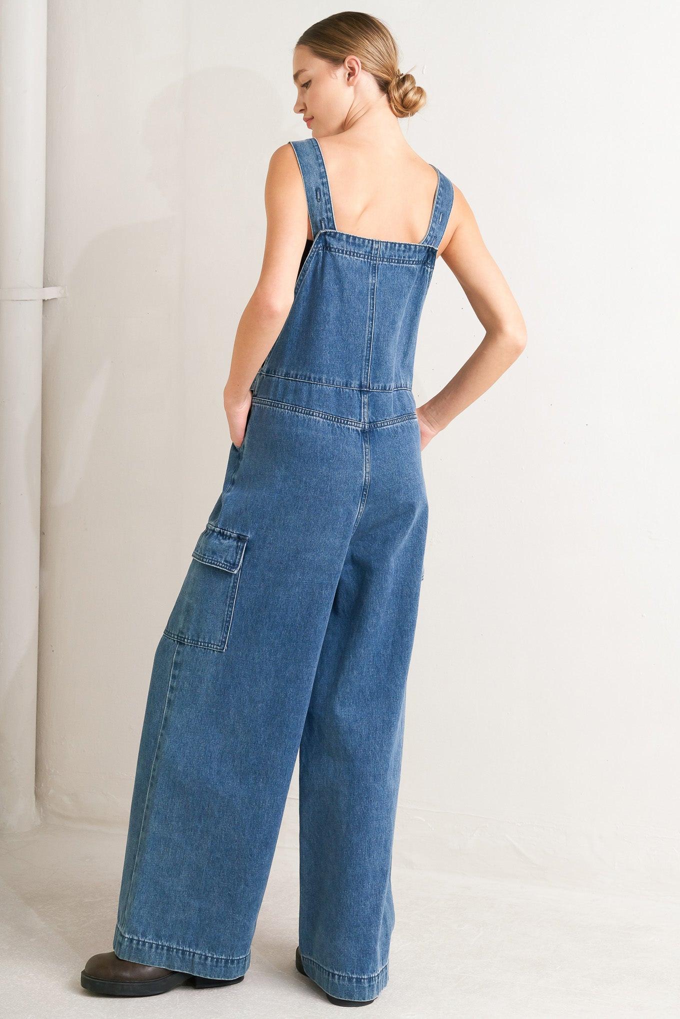 Let Me Talk Denim Cargo Pants in medium indigo, view 7 — Soul Flow Apparel