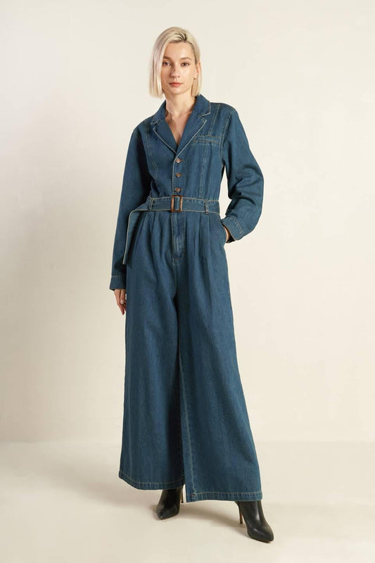 In the Details Denim Jumpsuit in indigo, view 1 — Soul Flow Apparel
