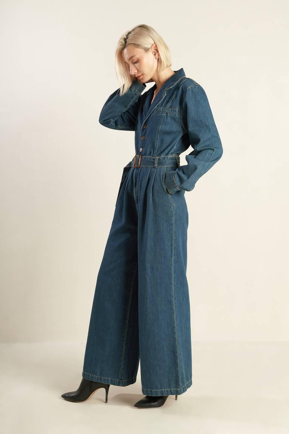 In the Details Denim Jumpsuit in indigo, view 3 — Soul Flow Apparel