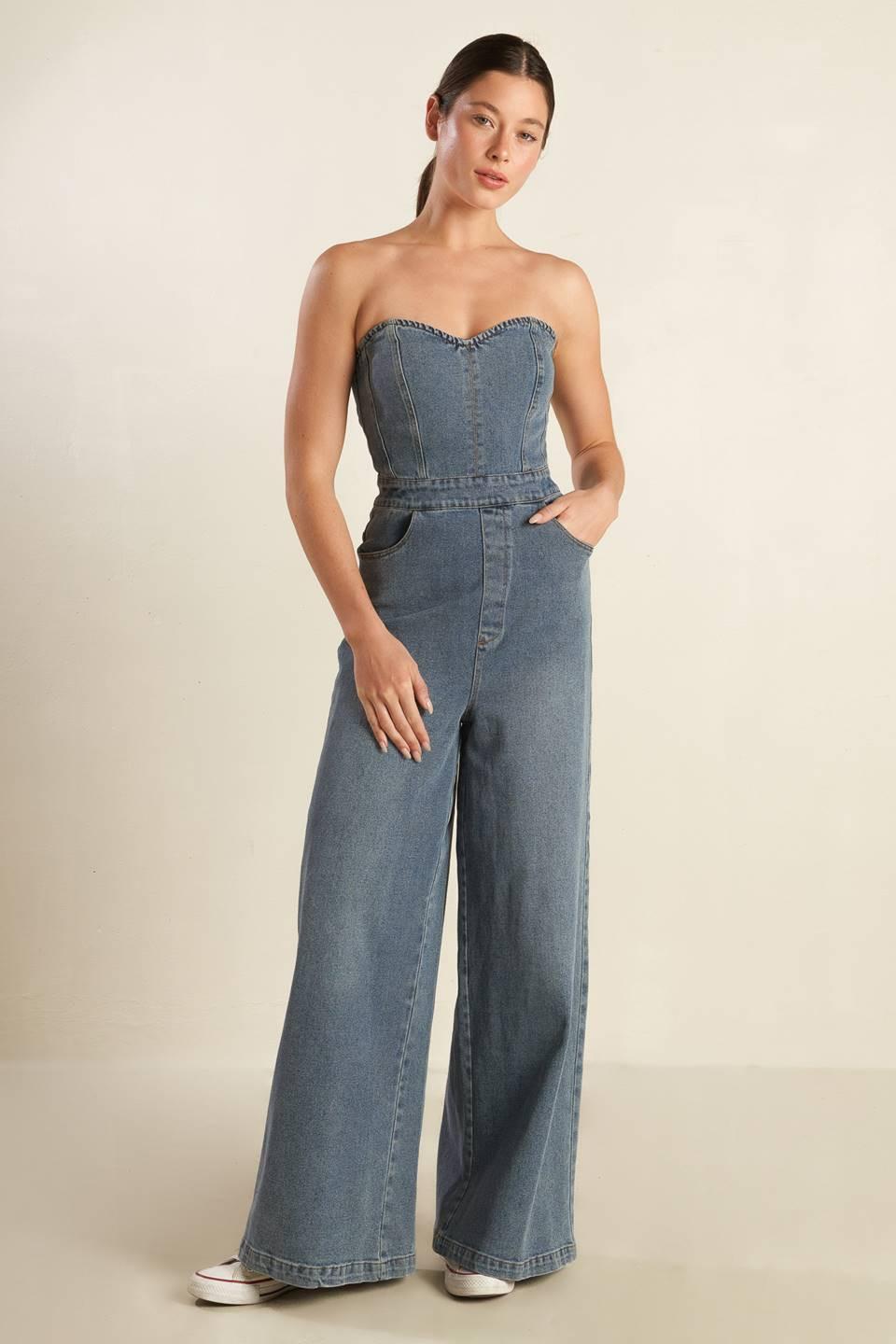 Look What We Started Denim Junpsuit in blue, view 1 — Soul Flow Apparel