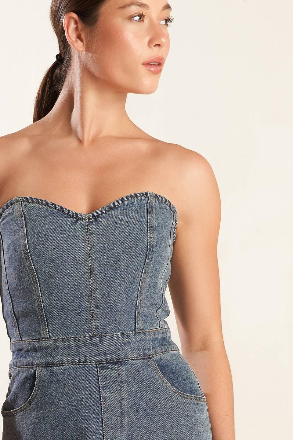 Look What We Started Denim Junpsuit in blue, view 2 — Soul Flow Apparel