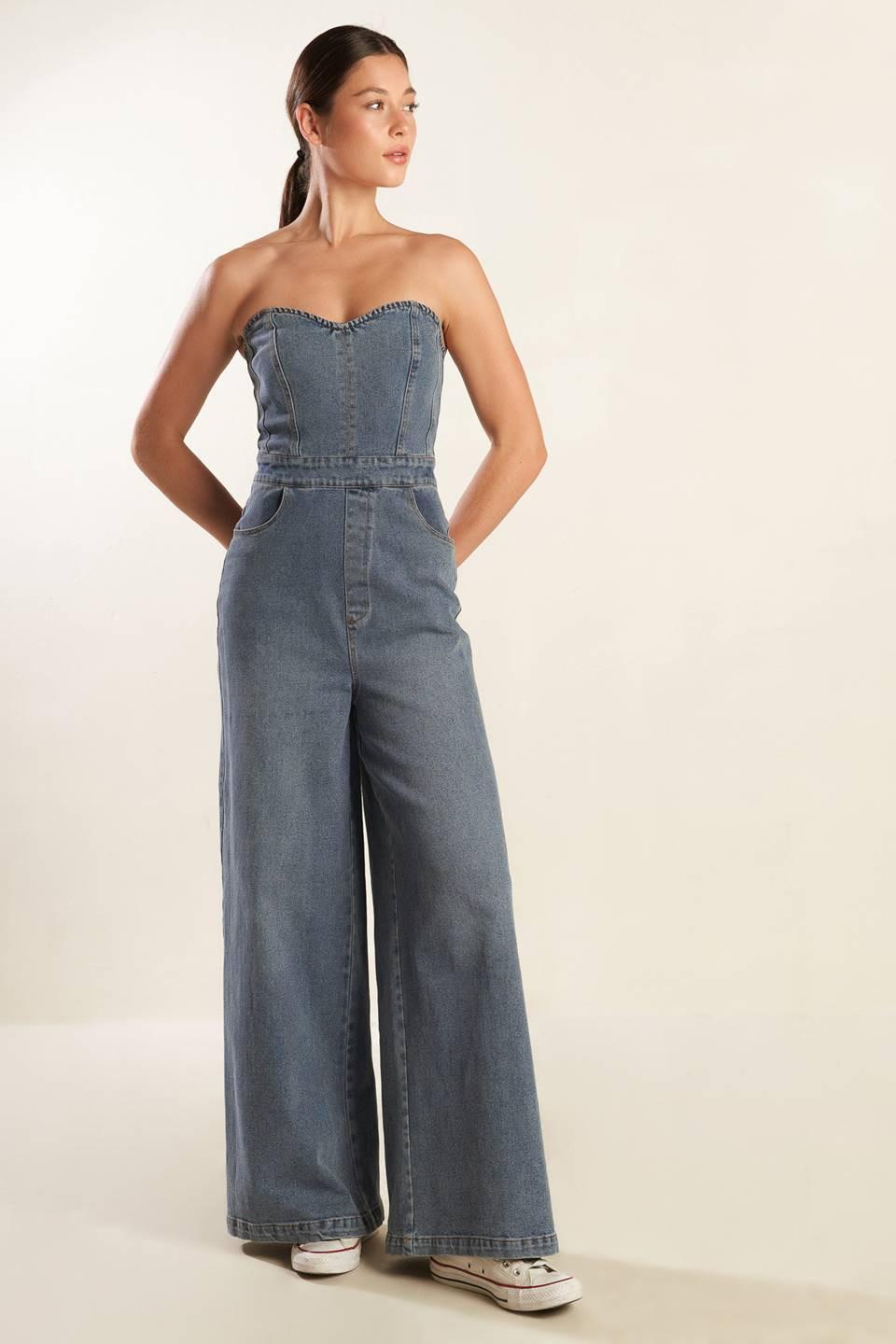 Look What We Started Denim Junpsuit in blue, view 3 — Soul Flow Apparel