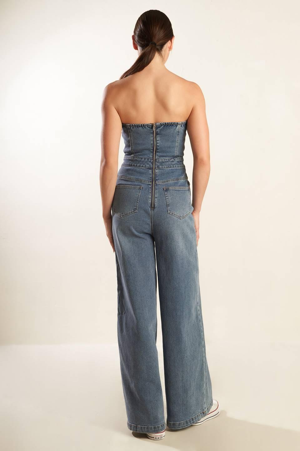 Look What We Started Denim Junpsuit in blue, view 5 — Soul Flow Apparel