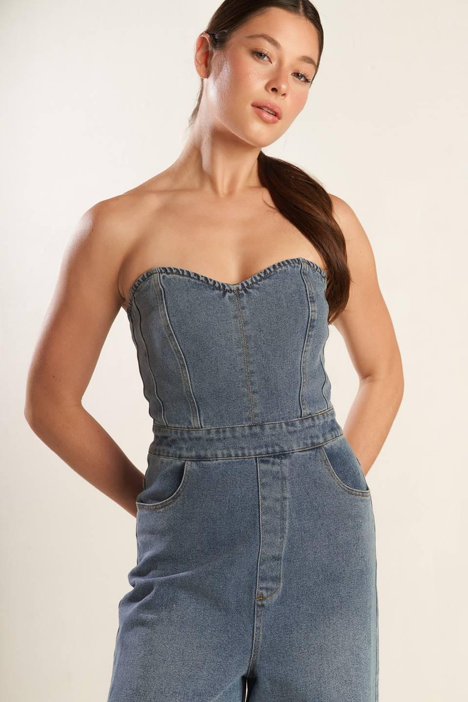 Look What We Started Denim Junpsuit in blue, view 7 — Soul Flow Apparel